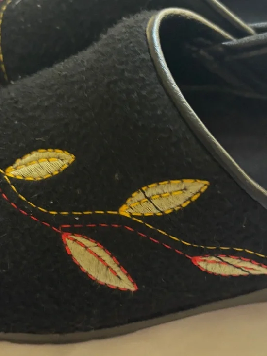 Dansko Black Wool Clogs with Yellow and Red Leaf Stitching - Picture 7 of 8